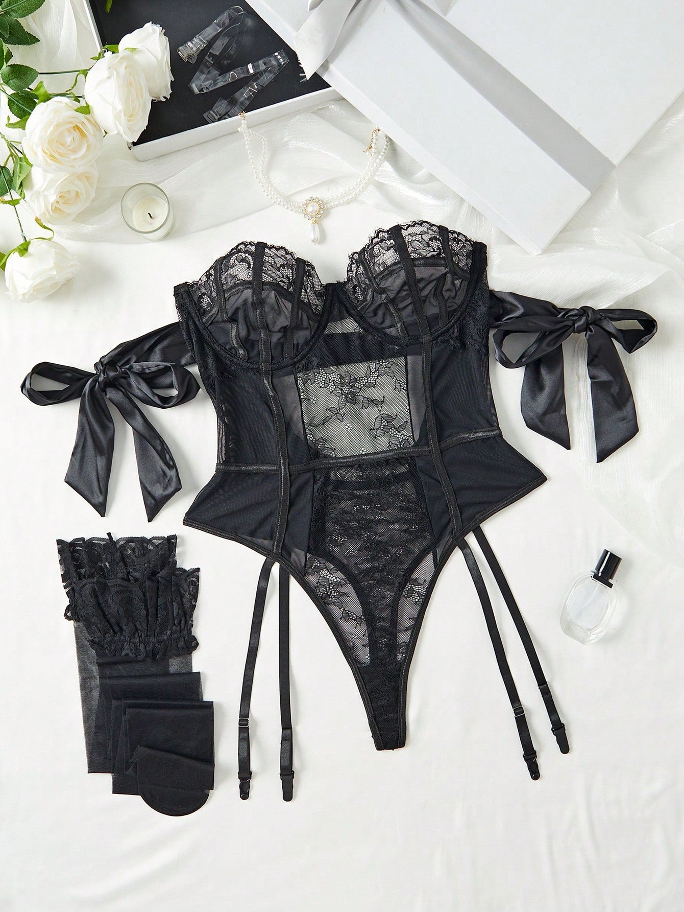 5-Piece Contrast Fabric Bodysuit Style Set with Bow Detail Coordinated Outfit Set