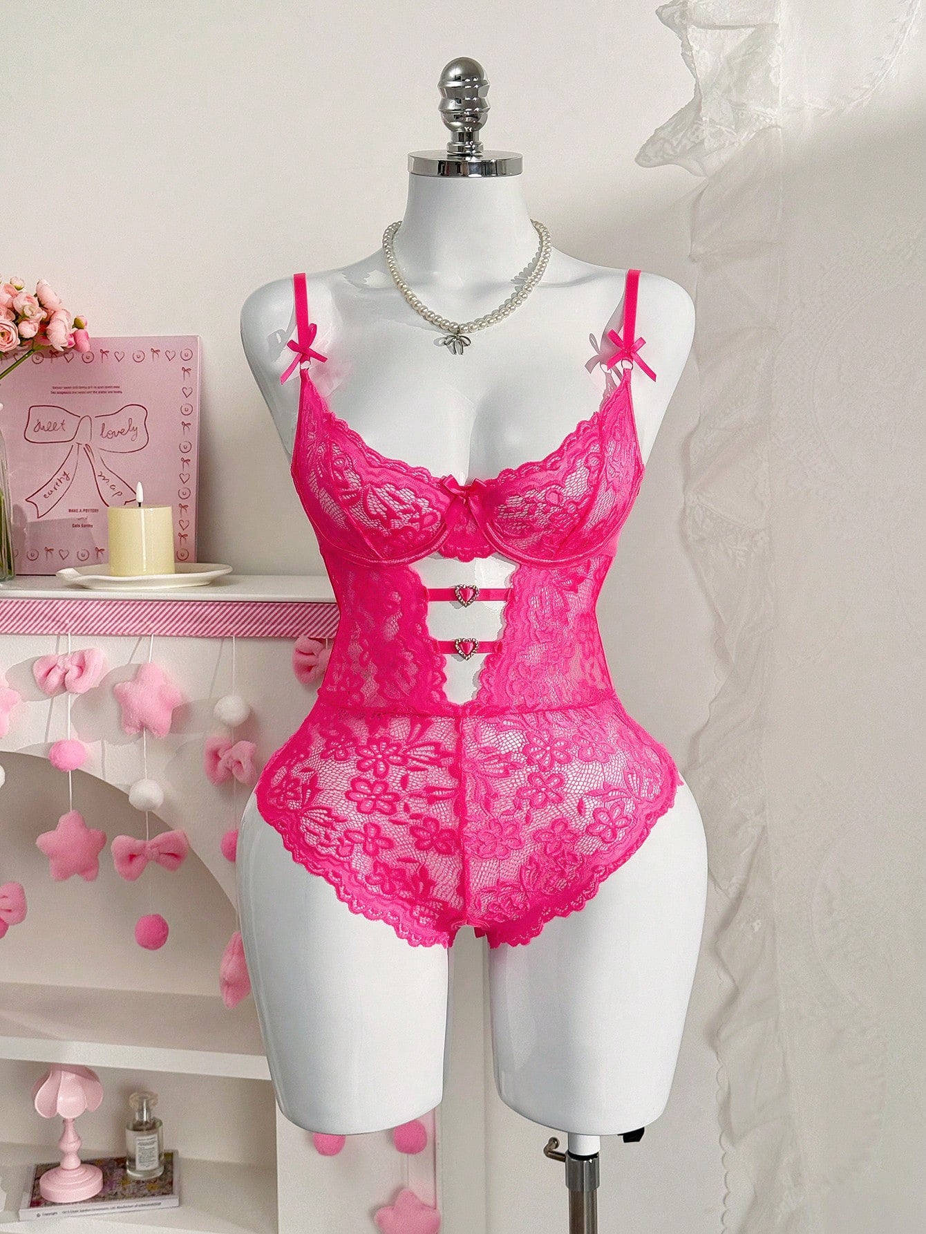 Lace Jumpsuit with Rhinestone and Bow Detail