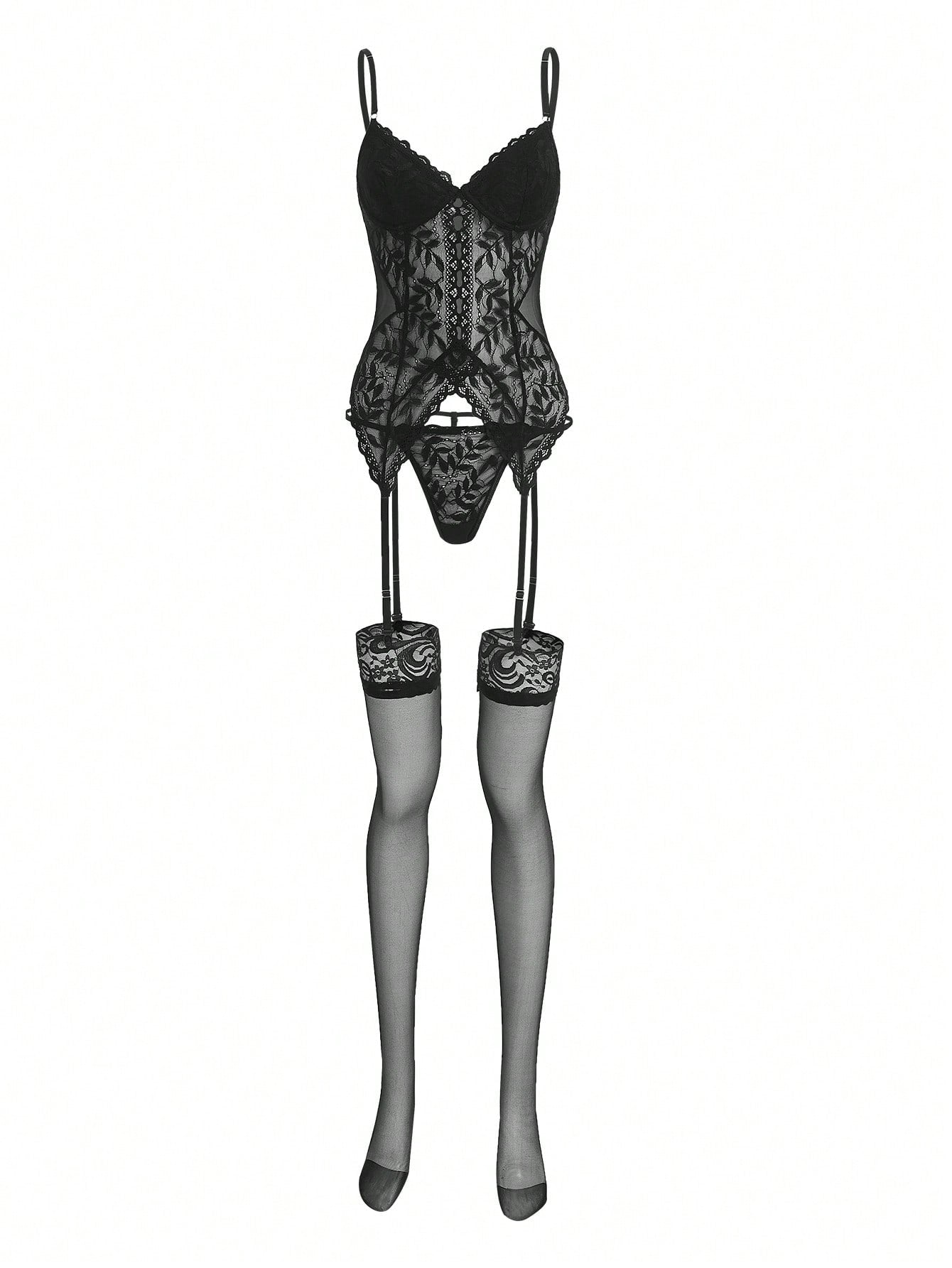 4-Piece Lace Lingerie Set with Underwire Bra and Stockings