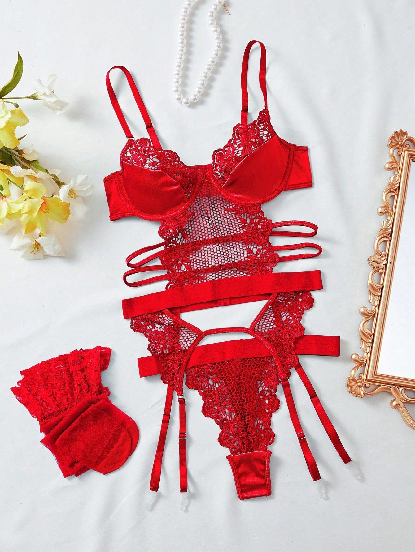 Mesh Fabric Bustier Style Set with Structured Top and Matching Stockings Coordinated Outfit Set