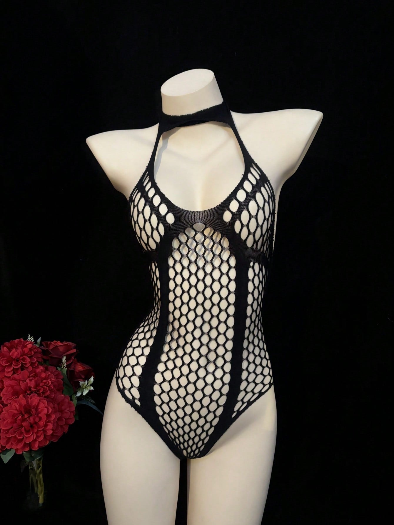 Mesh Fabric Sleeveless Halter Neck Bodysuit Style Piece