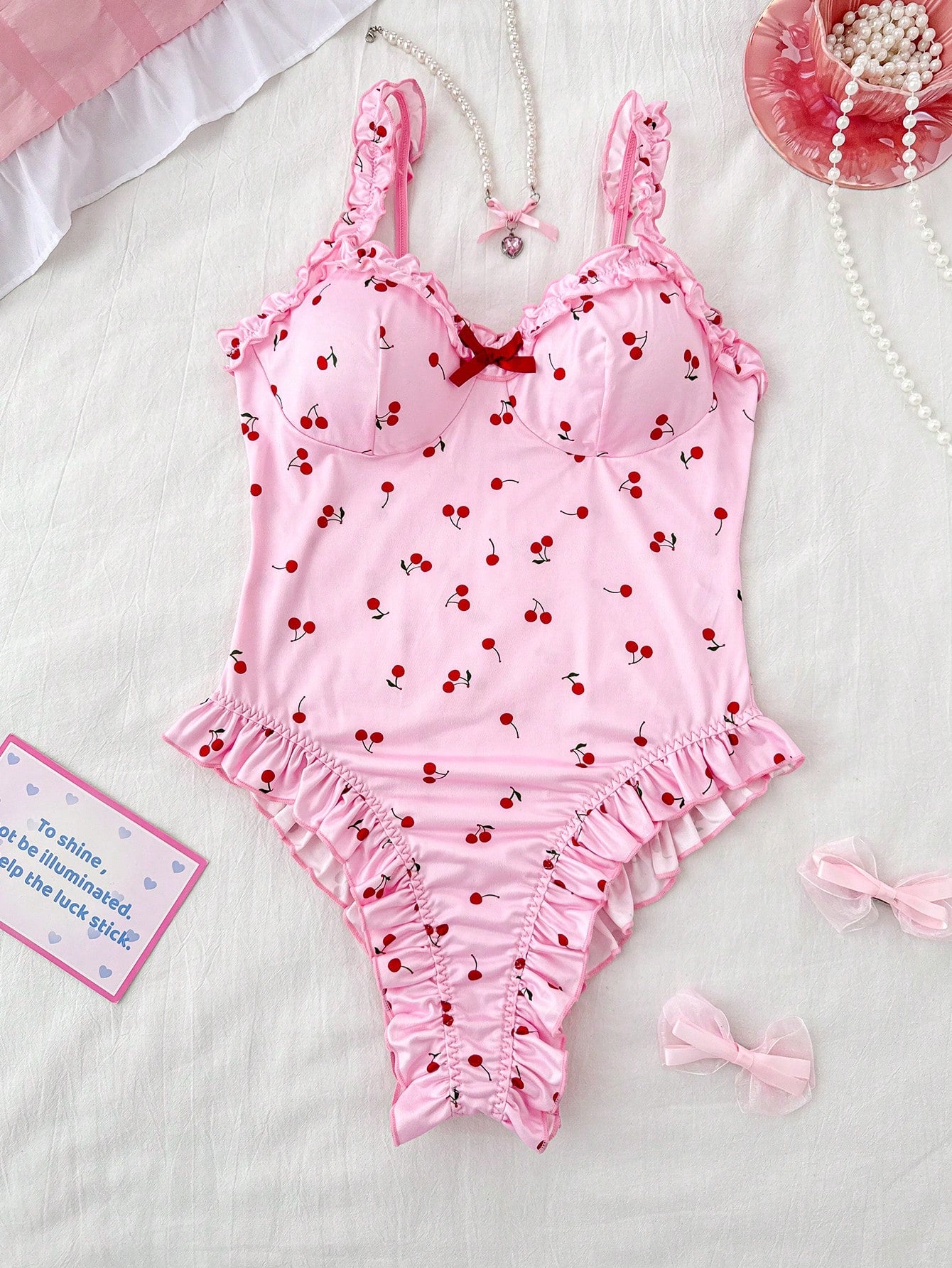 Ruffled Strap Romper with Cherry Print Lightweight Casual Outfit