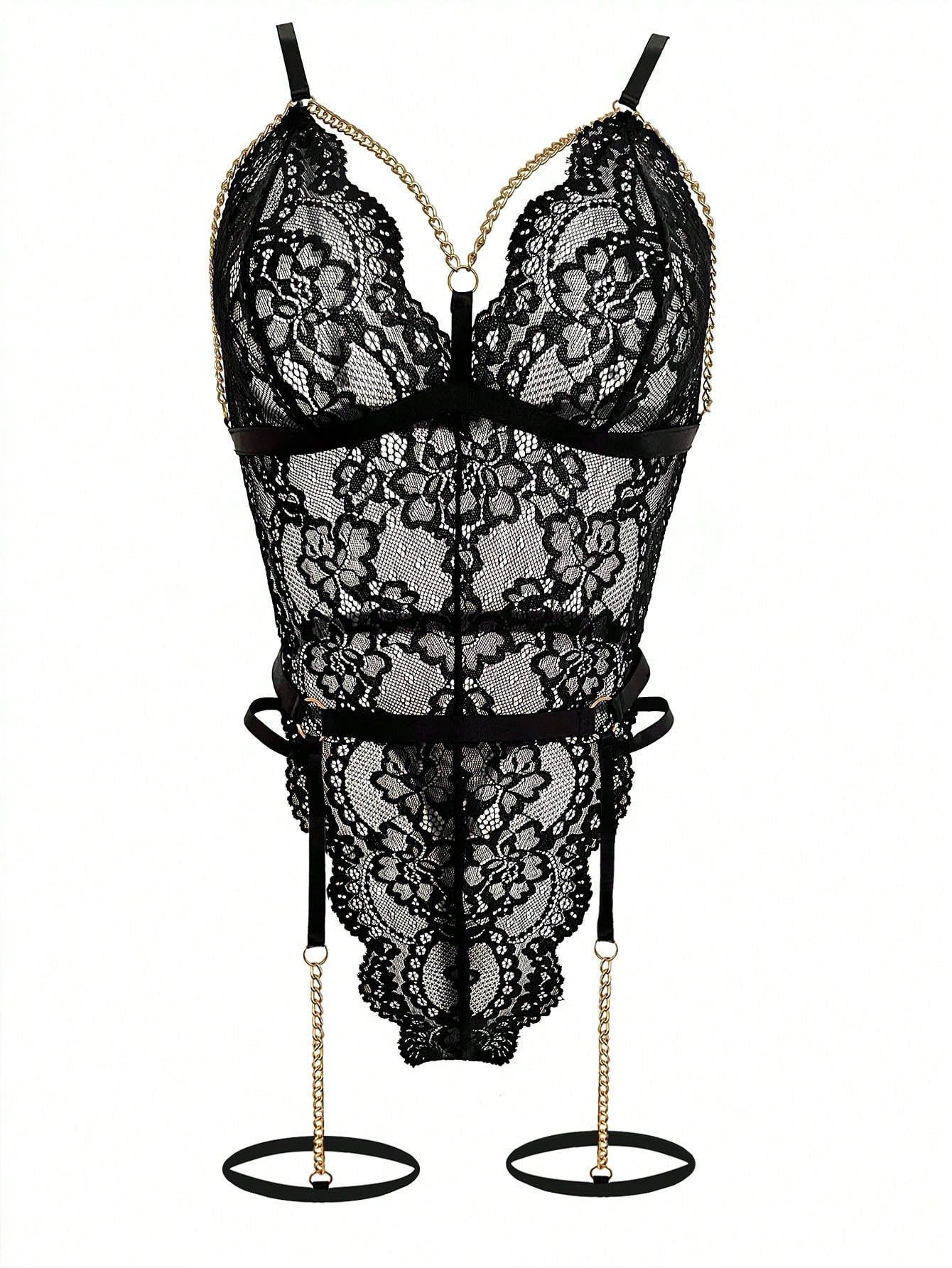 Floral Lace Garter Teddy Bodysuit with Chain Detail and Leg Ring