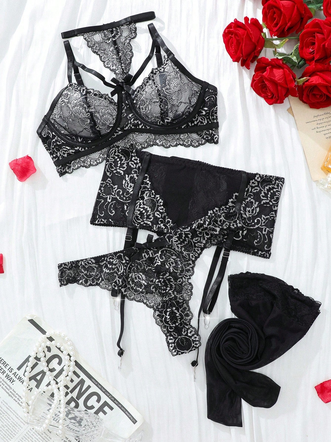 5-Piece Lace Lingerie Set with Underwire Bra, Waist Belt, Garter Belt, Thong and Stockings