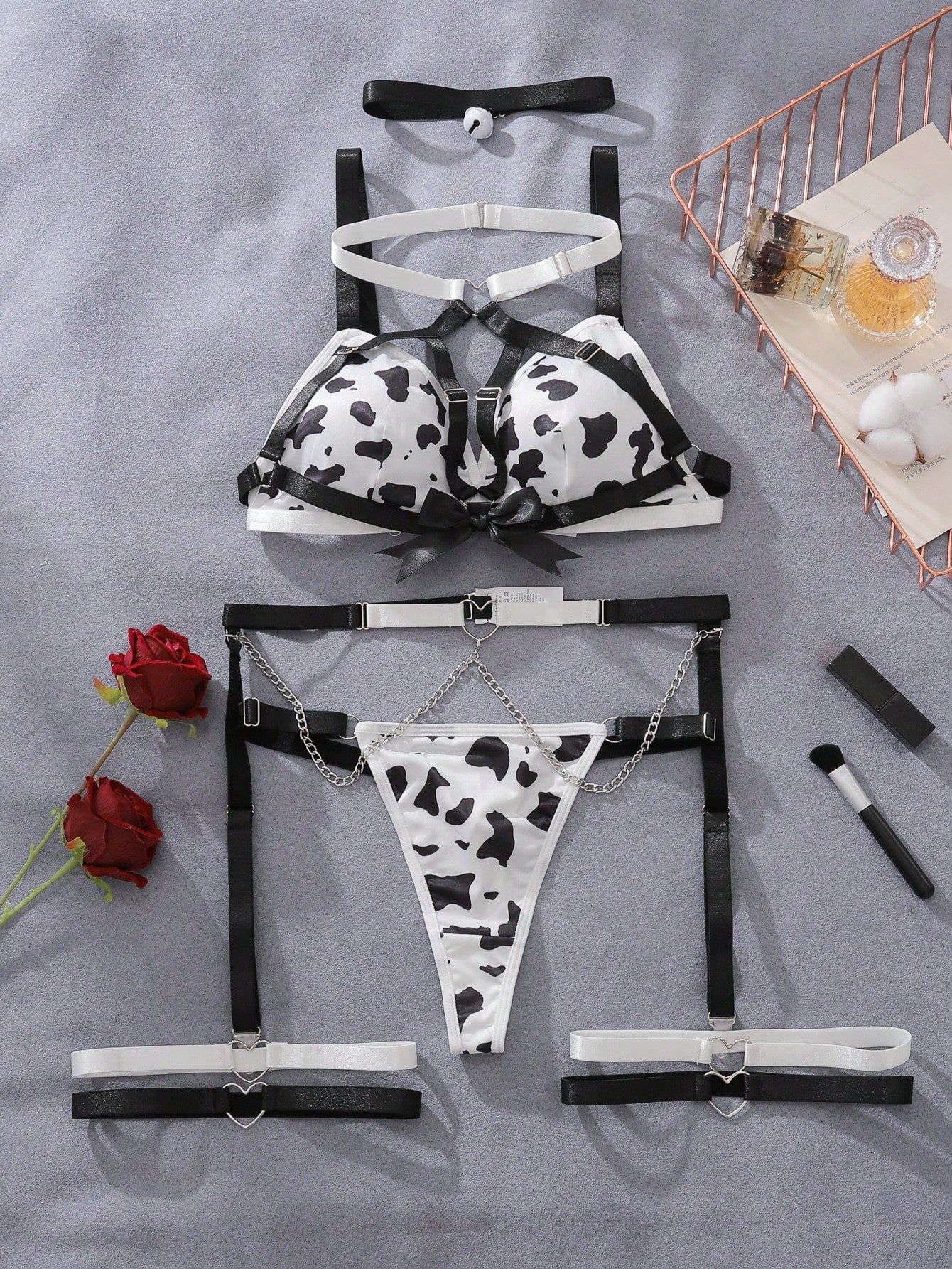 Cow Print Lingerie Set with Chain Detail