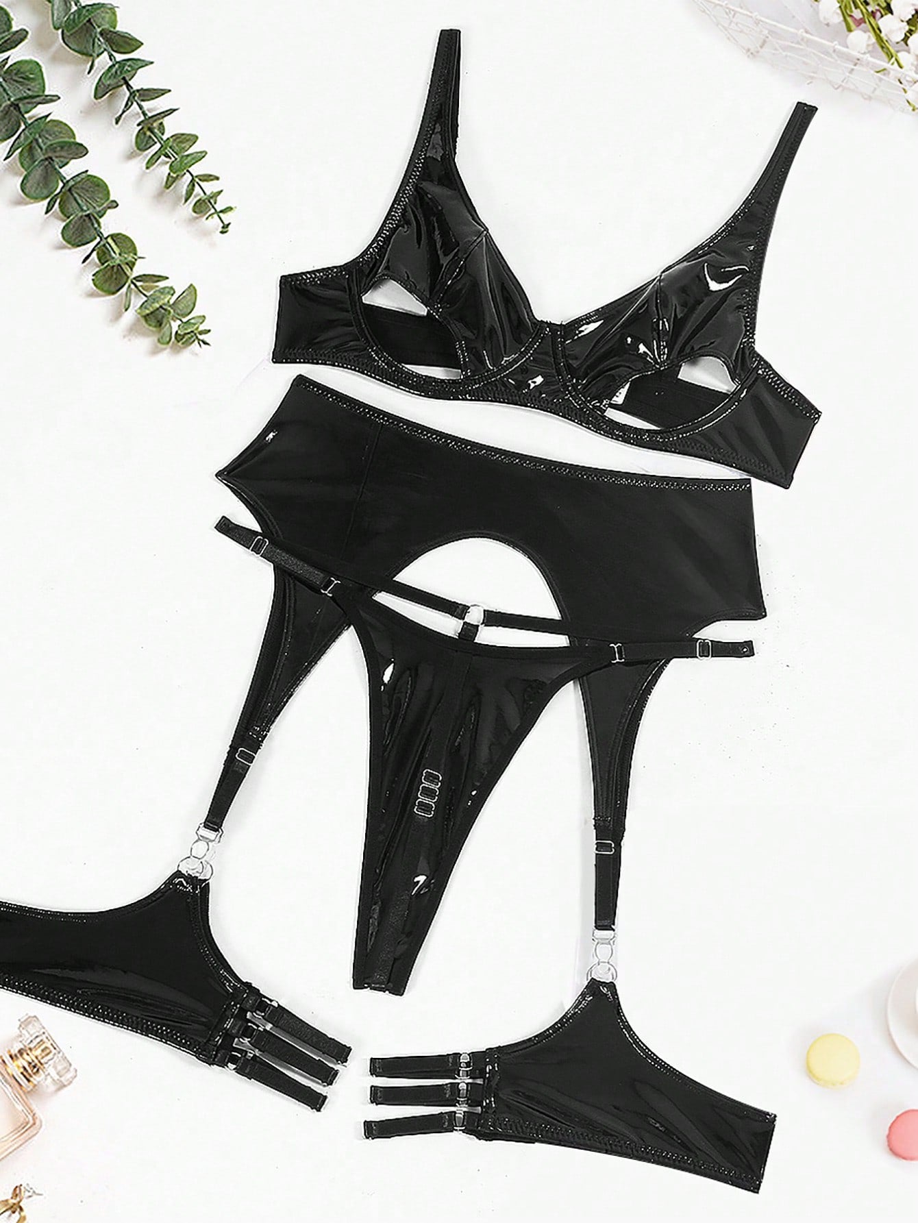 Synthetic Leather Effect Fabric Hollow Design Matching Set Coordinated Outfit Set