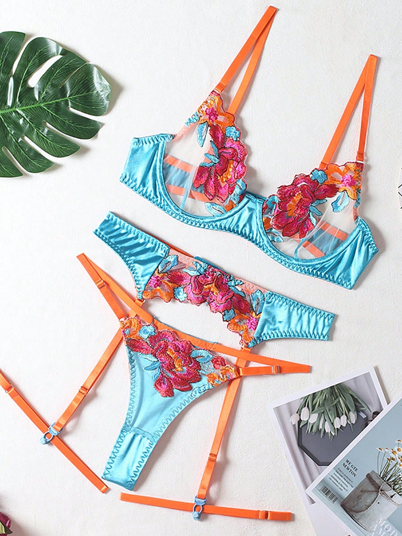 Floral Embroidered Mesh Fabric Matching Set Coordinated Outfit Set