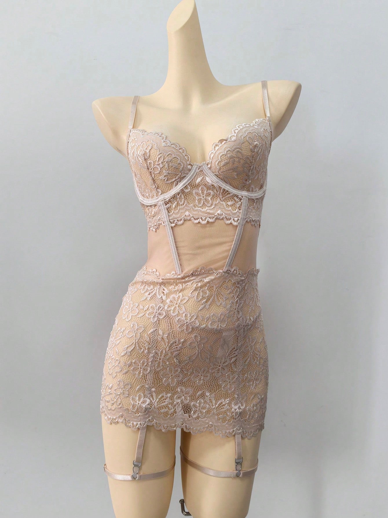 4-Piece Lace Patchwork Nightwear Set with G-String and Leg Rings