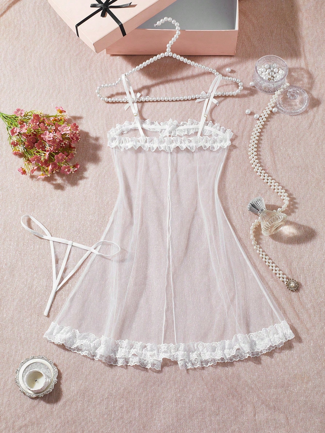 Lace and Chiffon Nightgown Dress with Bow Detail and Ruffle Hem