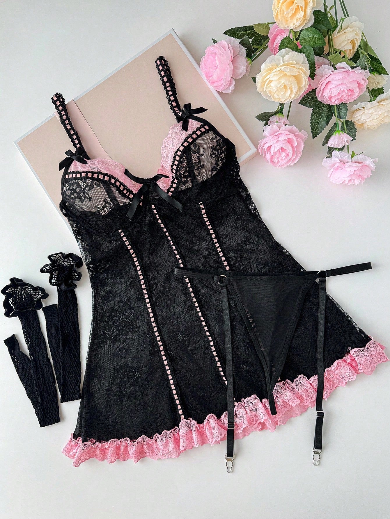 4-Piece Patchwork Fabric Nightwear Style Set with Ruffle Hem Coordinated Outfit Set