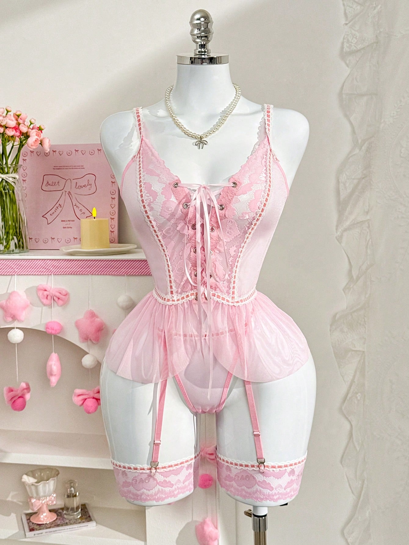 4-Piece Mesh Lace Lingerie Set