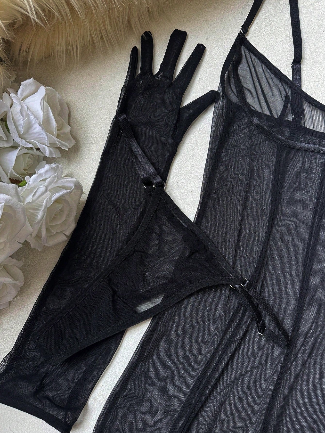 Women Mesh Fabric Matching Set with Belt Accessory and Gloves Coordinated Outfit Set