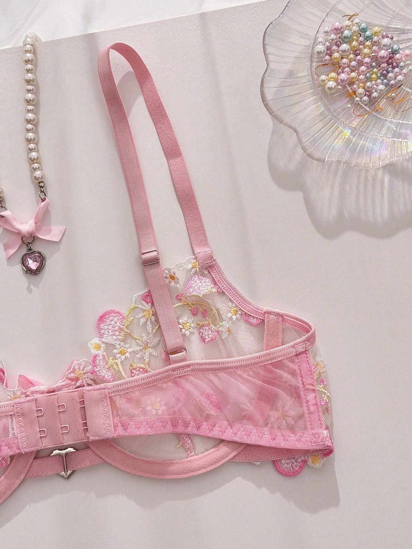 Pink Mesh Fabric Embroidered Set with Heart Detail and Bow Accent Coordinated Outfit Set