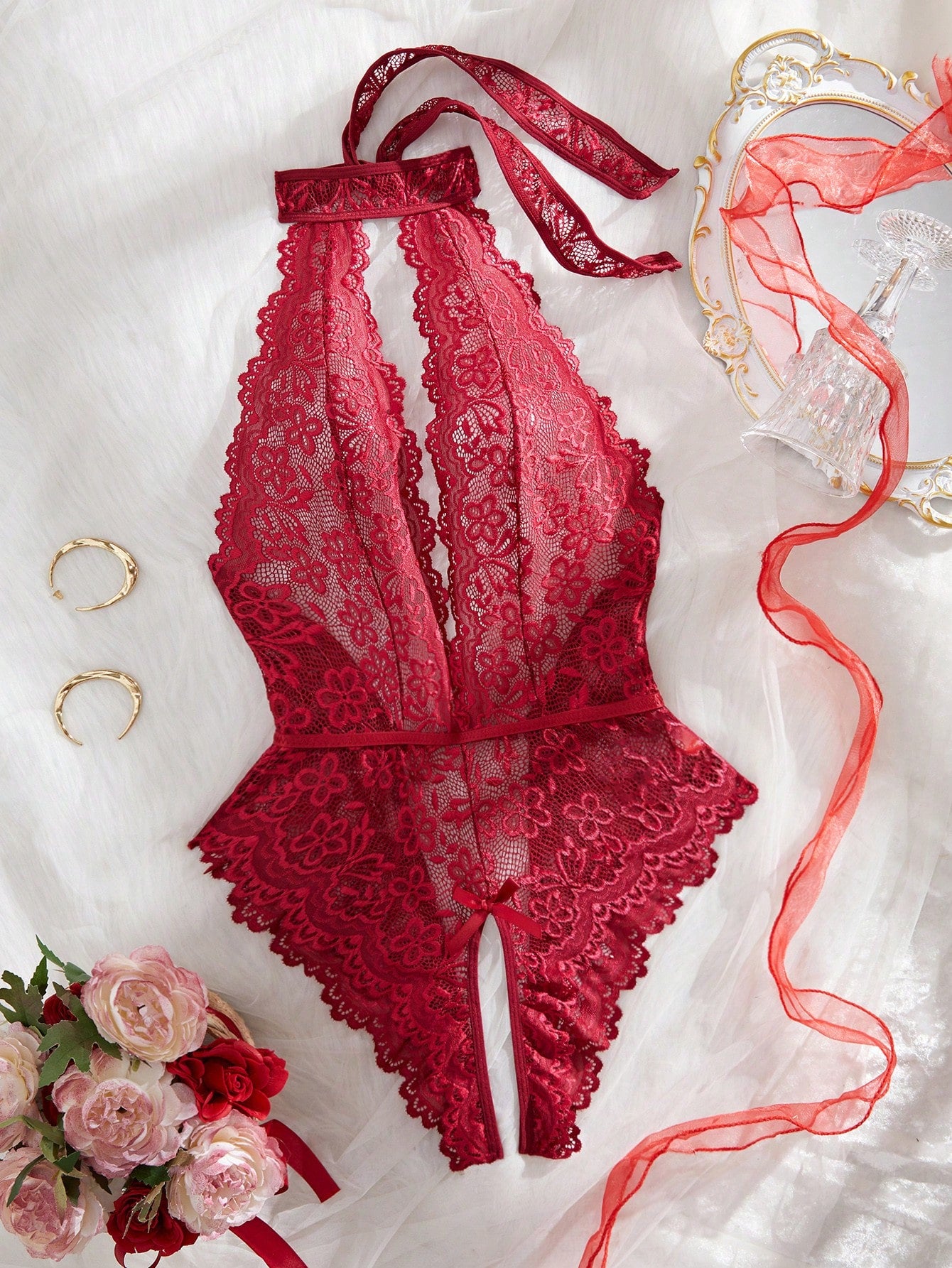 Floral Lace Teddy Bodysuit with Scallop Trim Detail