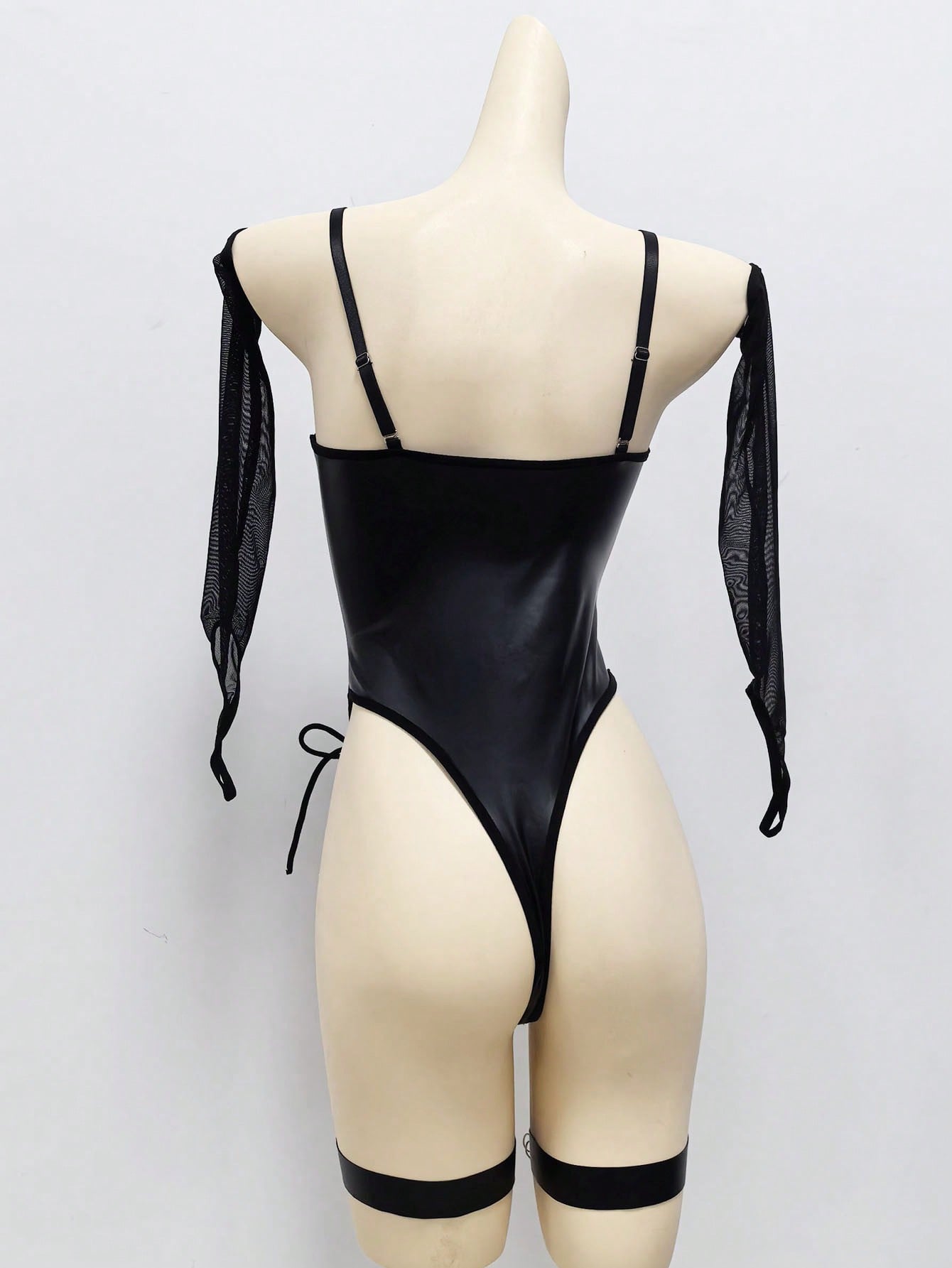 5-Piece Patent Grommet Front Tie Mesh Fabric Bodysuit Set with Matching Accessories Dark Coffee and Black Color Block Design Multi Layer Outfit Set
