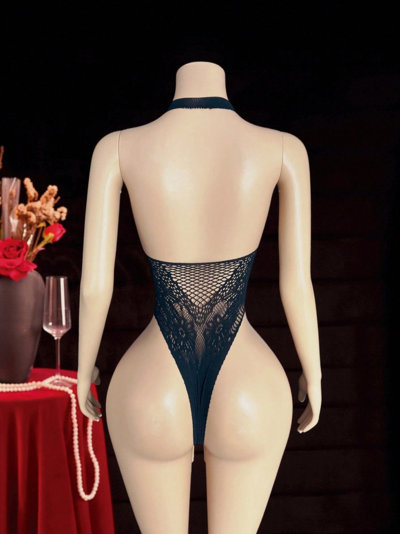 Women Mesh Fabric Halter Neck One-Piece Outfit Coordinated Set