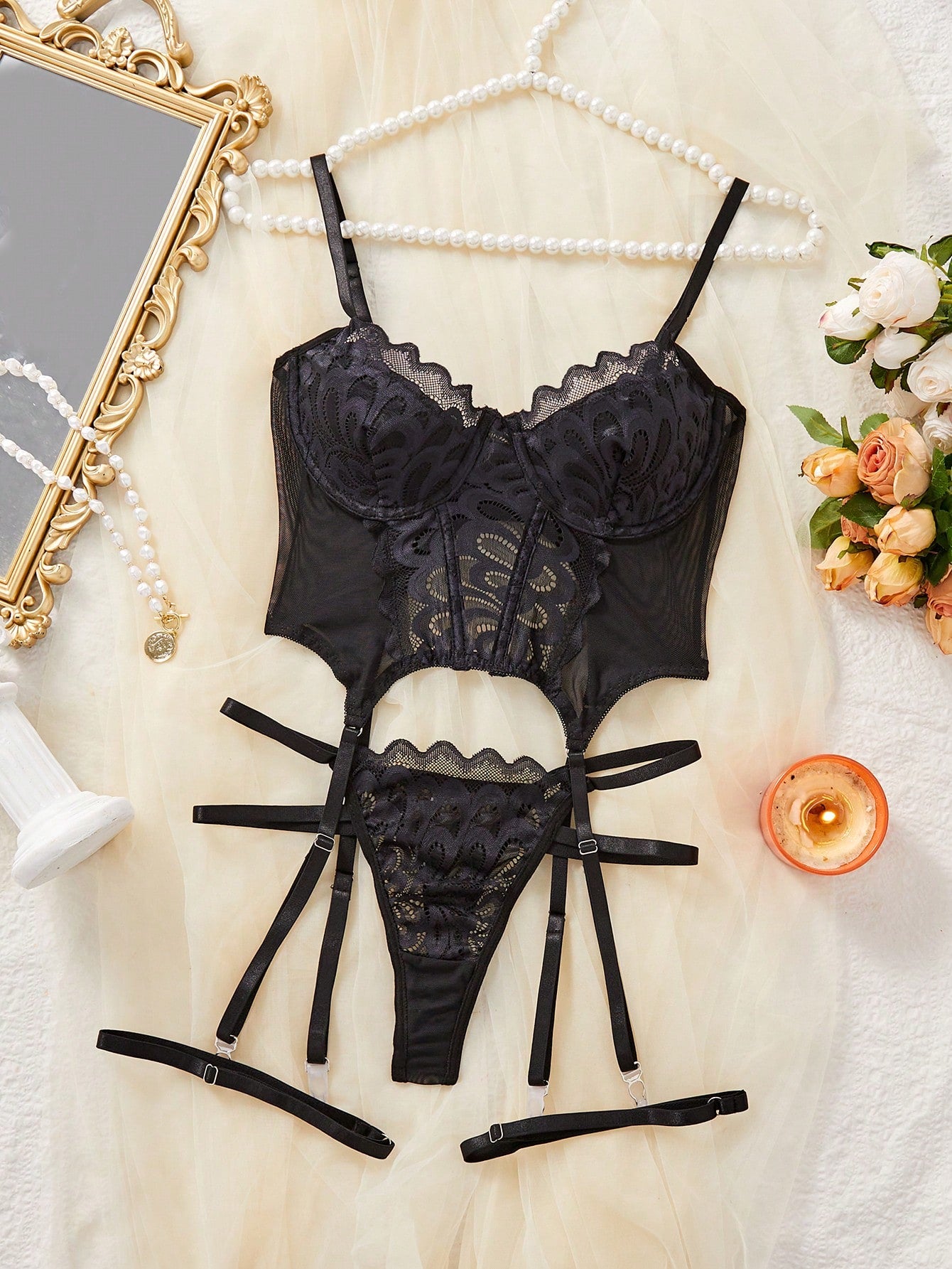Floral Lace Underwire Garter Lingerie Set