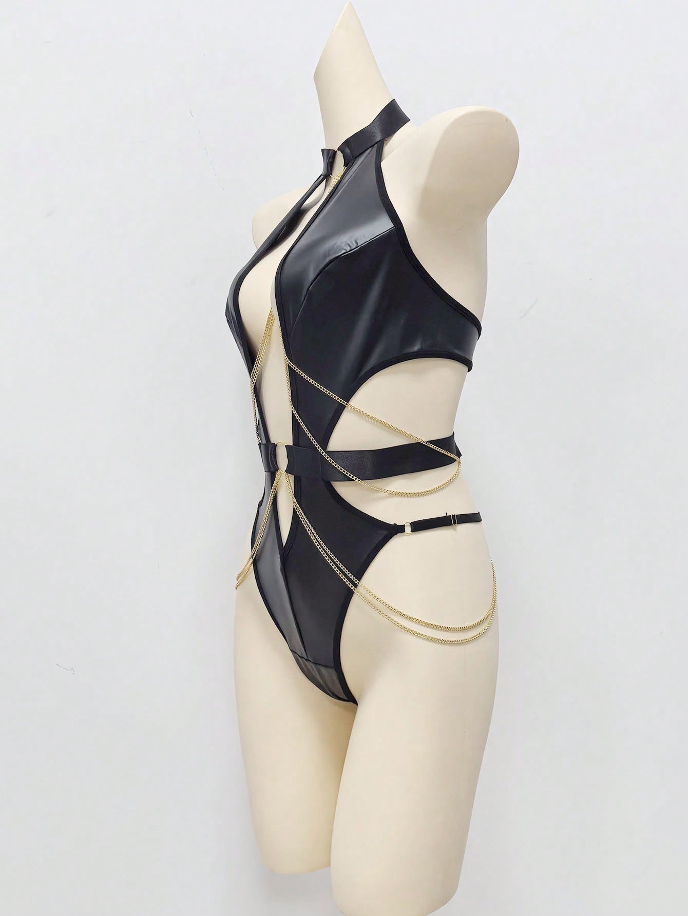 Synthetic Leather Effect Metallic Chain Detail Bodysuit Style Outfit Coordinated Set