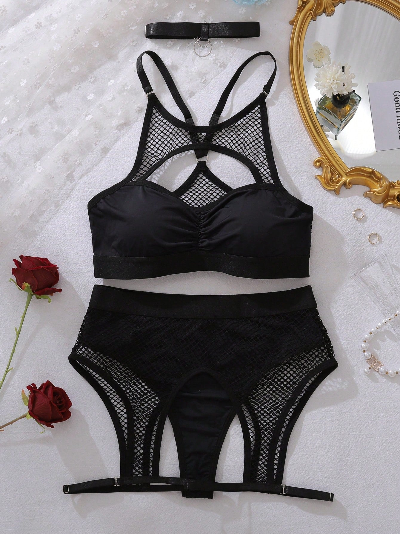 Contrast Mesh Fabric 2-Piece Textured Set with Gathered Design Top and Matching Bottom Coordinated Outfit Set