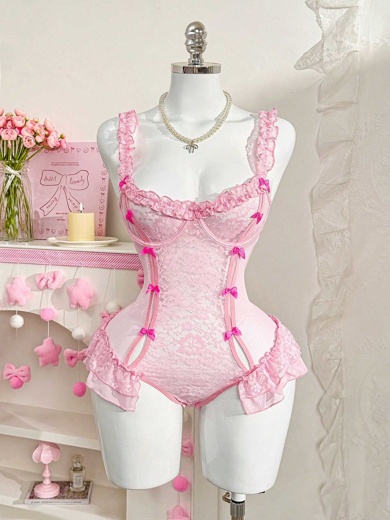 Lace Lingerie Jumpsuit with Bow Detail