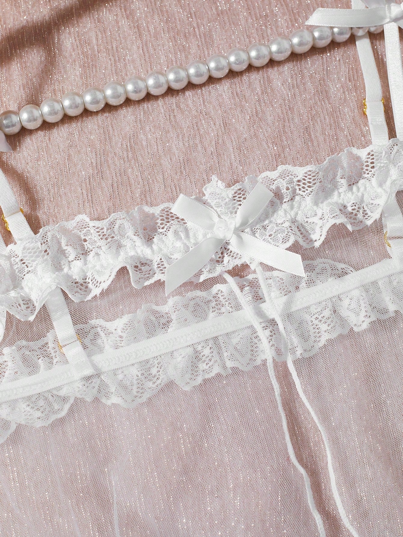 Lace and Chiffon Nightgown Dress with Bow Detail and Ruffle Hem