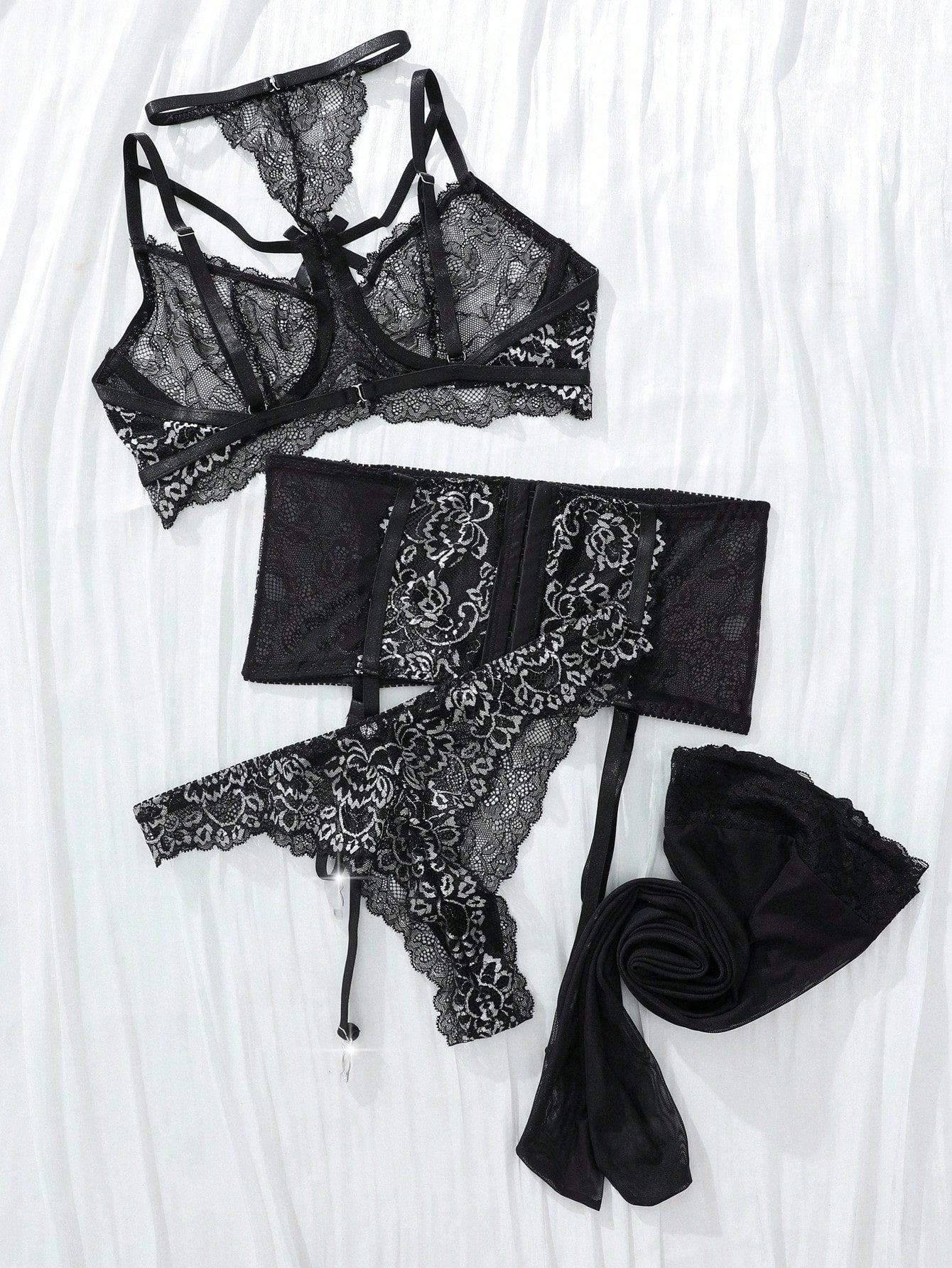 5-Piece Lace Lingerie Set with Underwire Bra, Waist Belt, Garter Belt, Thong and Stockings