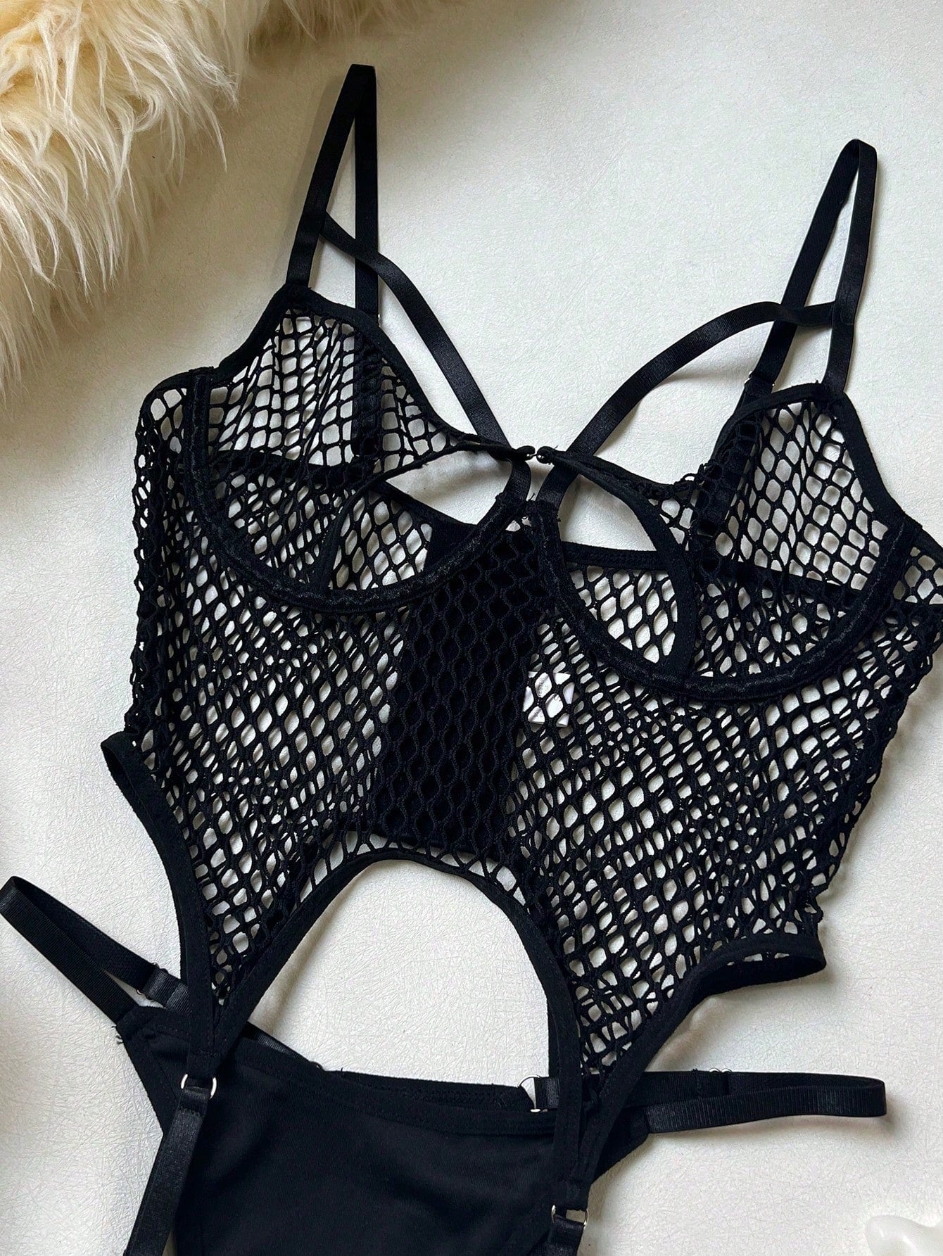 Strappy Mesh Fabric Body Suit Style Set with Cut Detail Design Coordinated Outfit Set