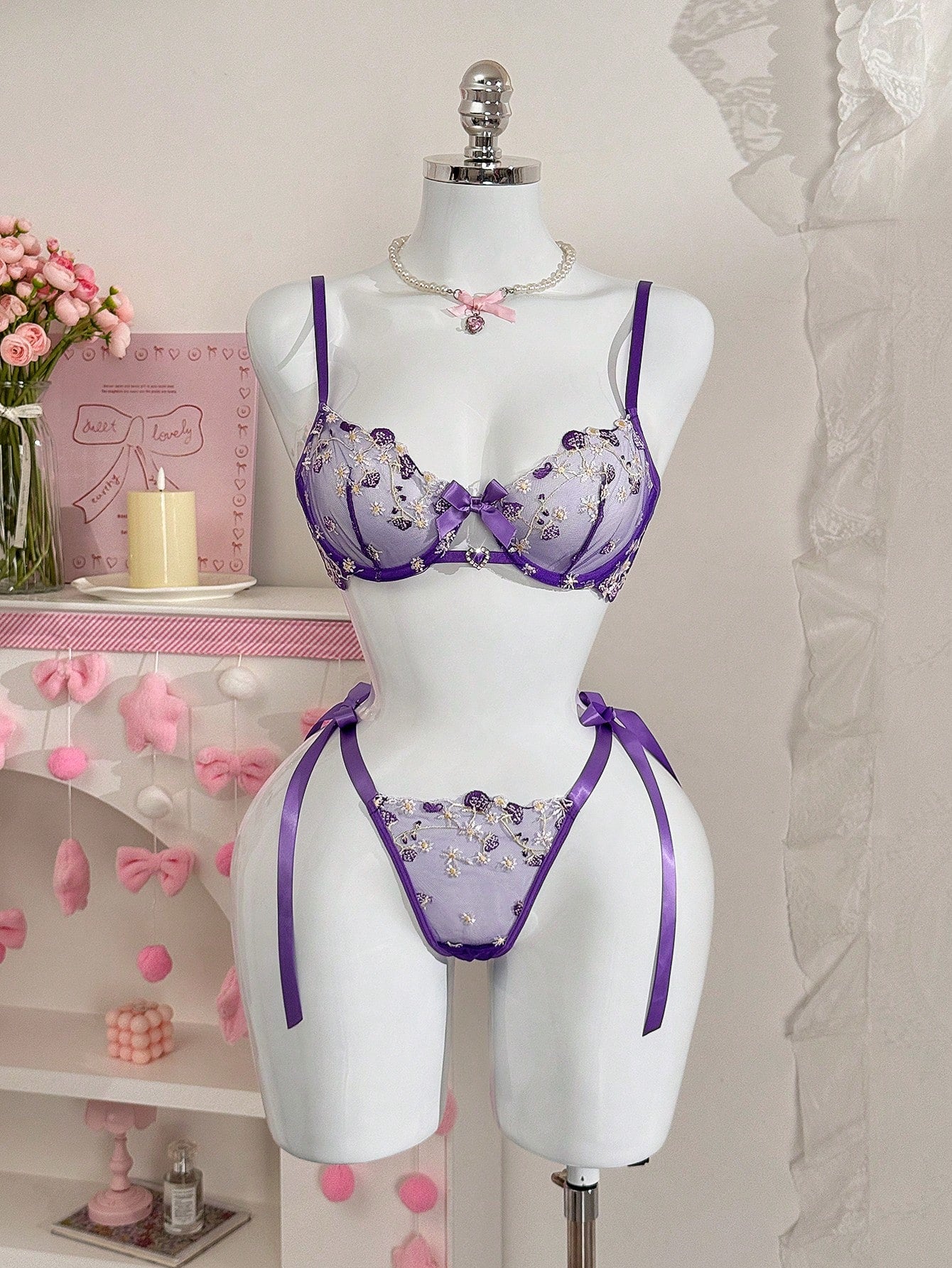 Pink Mesh Fabric Embroidered Set with Heart Detail and Bow Accent Coordinated Outfit Set