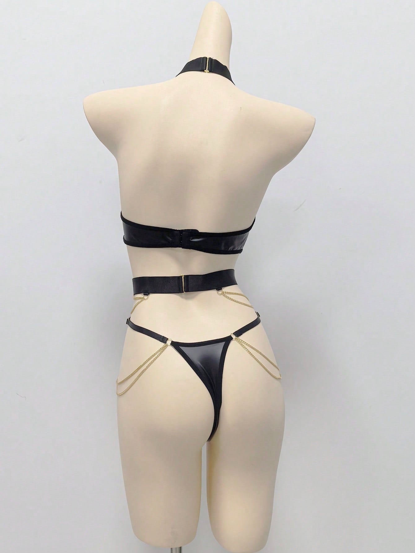 Synthetic Leather Effect Metallic Chain Detail Bodysuit Style Outfit Coordinated Set