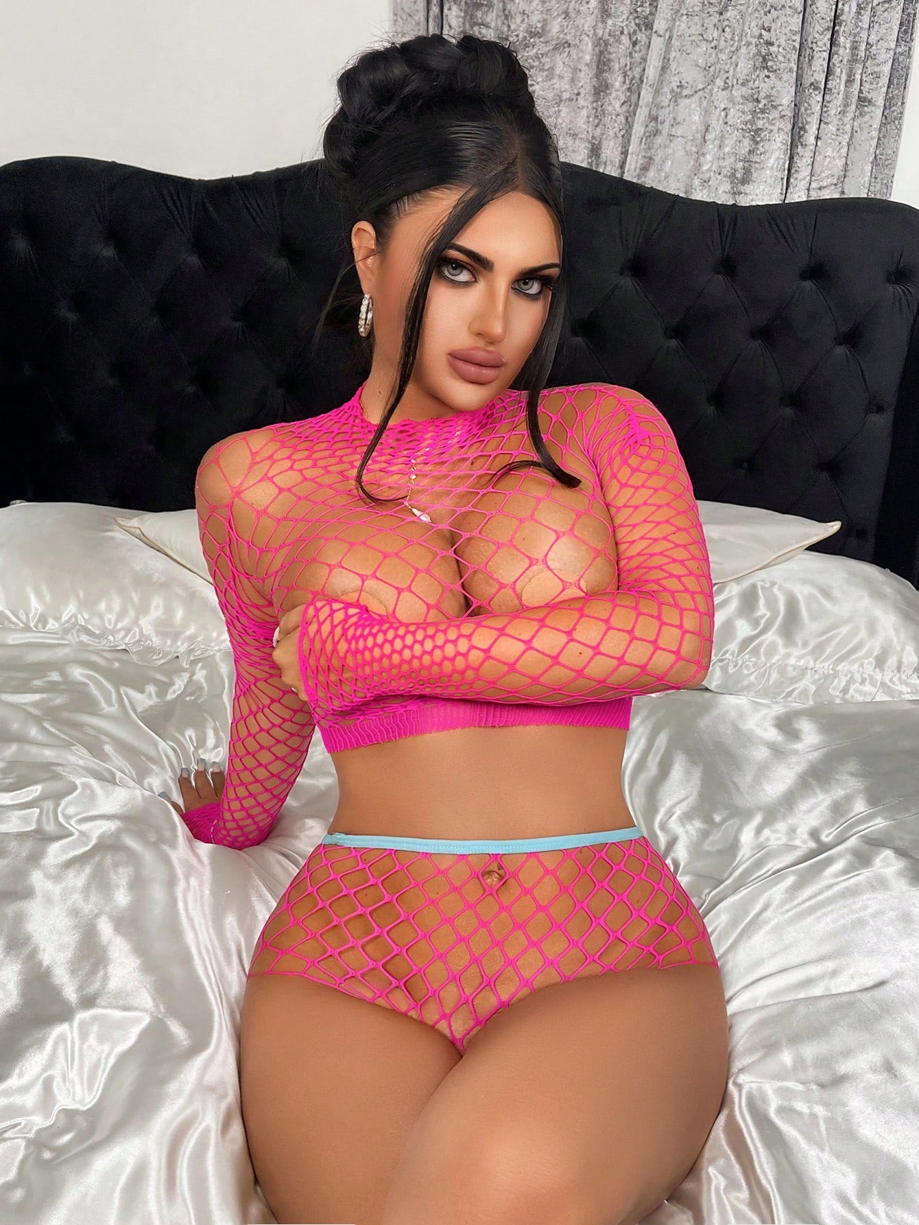 Mesh Fabric One-Piece Bodysuit Style Outfit Coordinated Set