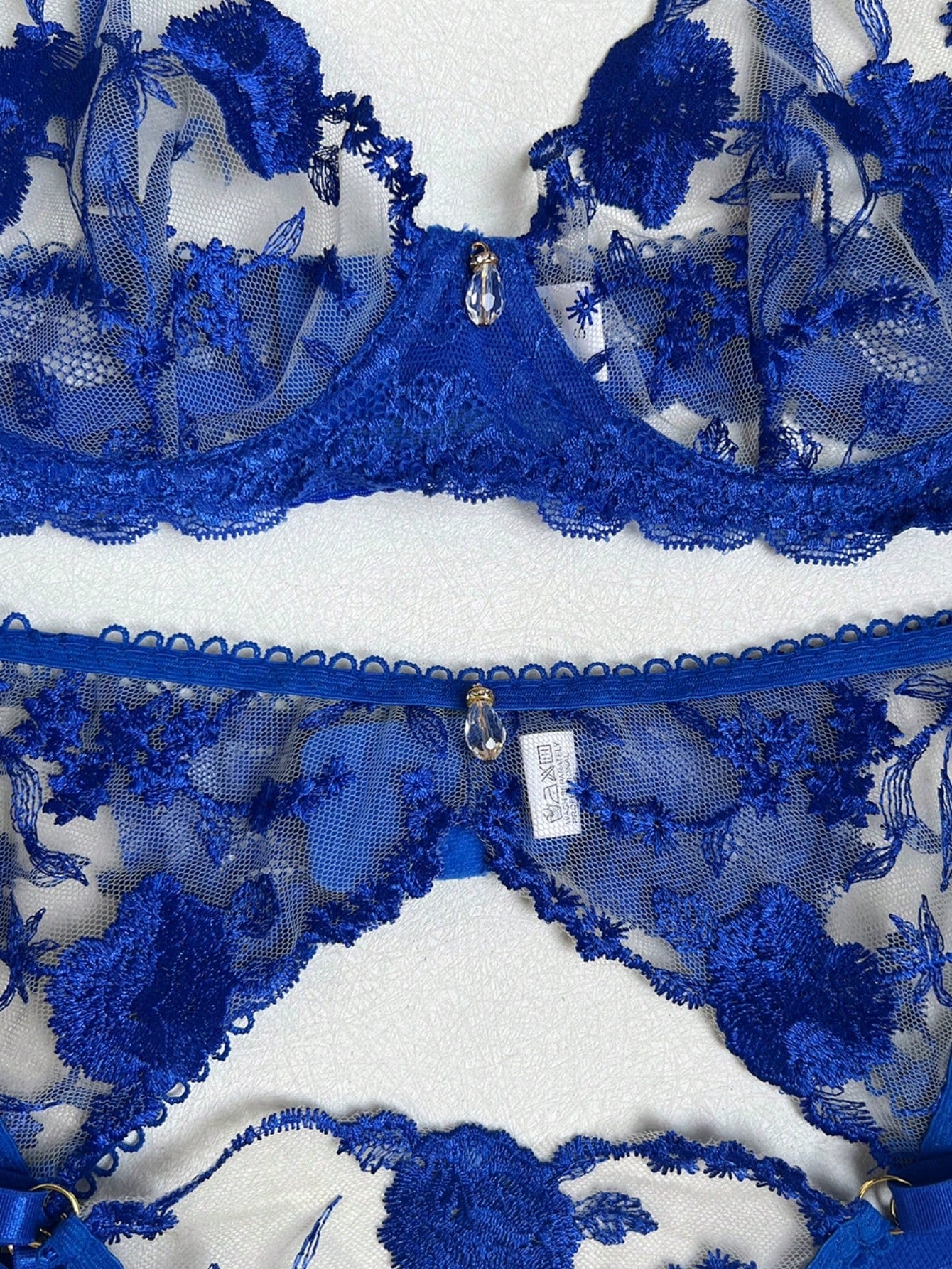 Navy Blue Mesh Fabric Set with Floral Embroidery and Ruffle Edge Design Coordinated Outfit Set