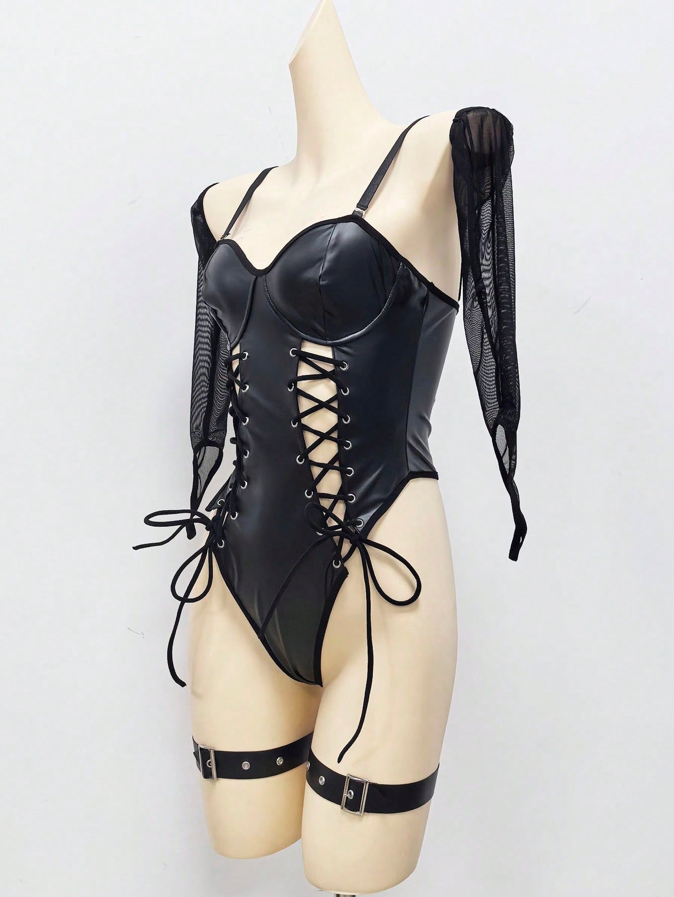 5-Piece Patent Grommet Front Tie Mesh Fabric Bodysuit Set with Matching Accessories Dark Coffee and Black Color Block Design Multi Layer Outfit Set