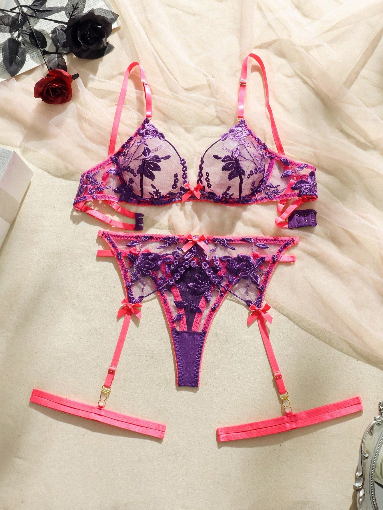 Floral Embroidered Mesh Fabric Structured Set with Matching Accessories Coordinated Outfit Set