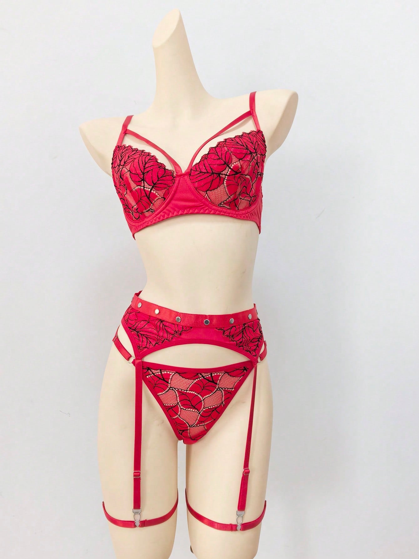 5-Piece Mesh Fabric Set with Bra Style Top Matching Bottom Belt Accessory and Leg Rings Dual Tone Brown and Black Design