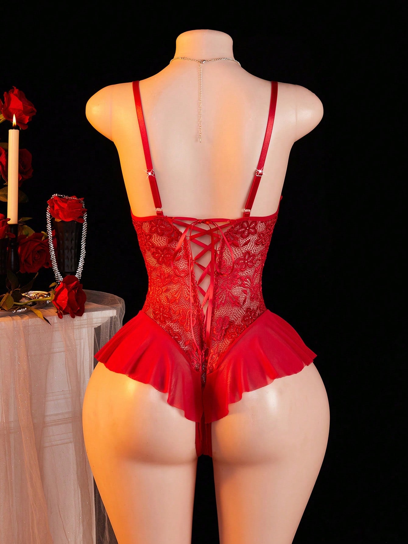 Lace Halter Bodysuit with Ruffle Detail