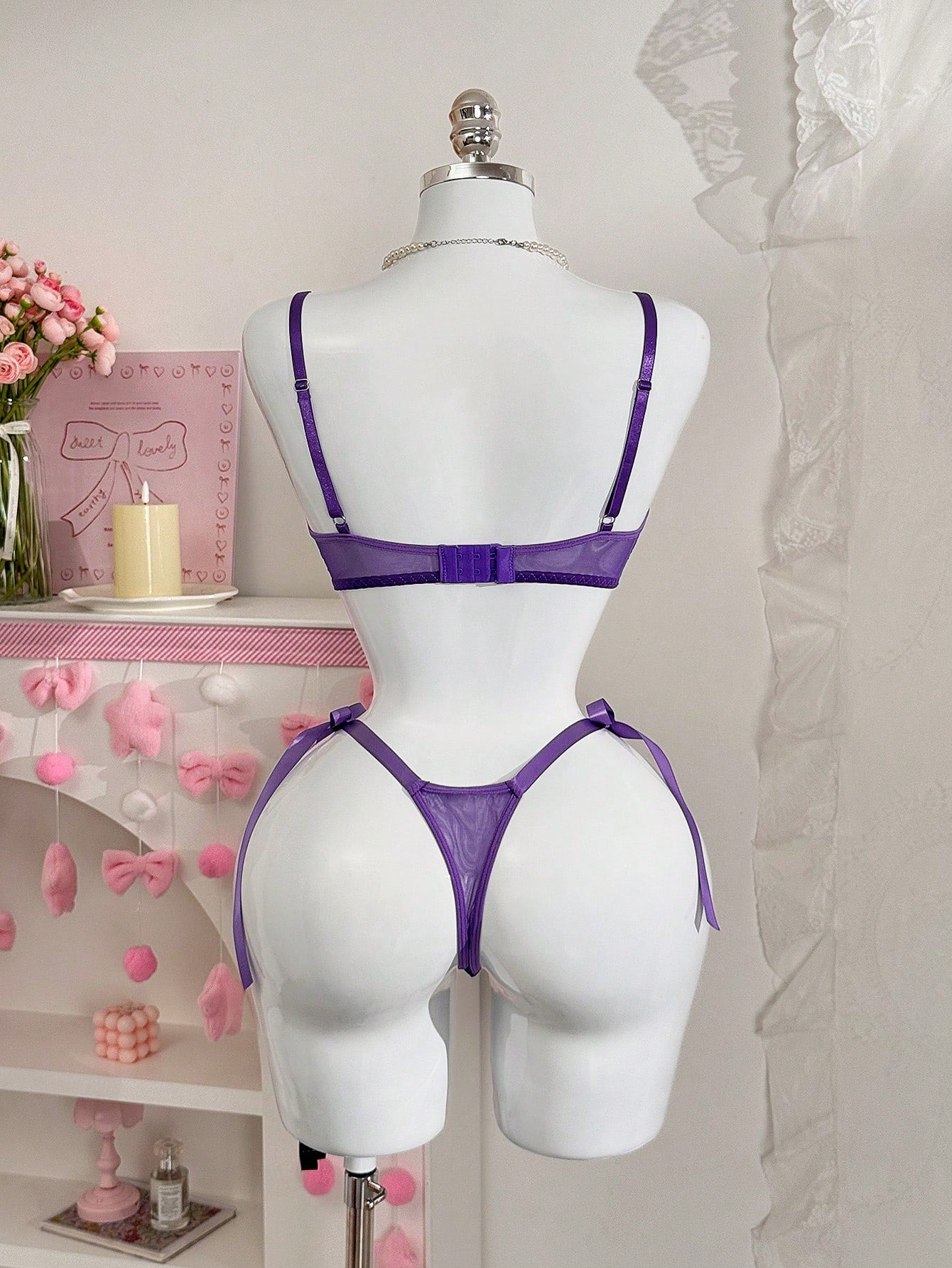 Pink Mesh Fabric Embroidered Set with Heart Detail and Bow Accent Coordinated Outfit Set