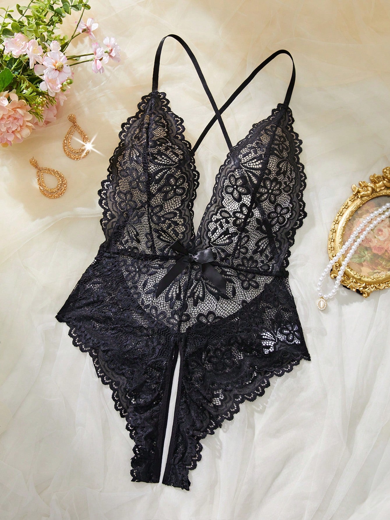 Floral Lace Teddy Bodysuit with Scallop Trim Detail