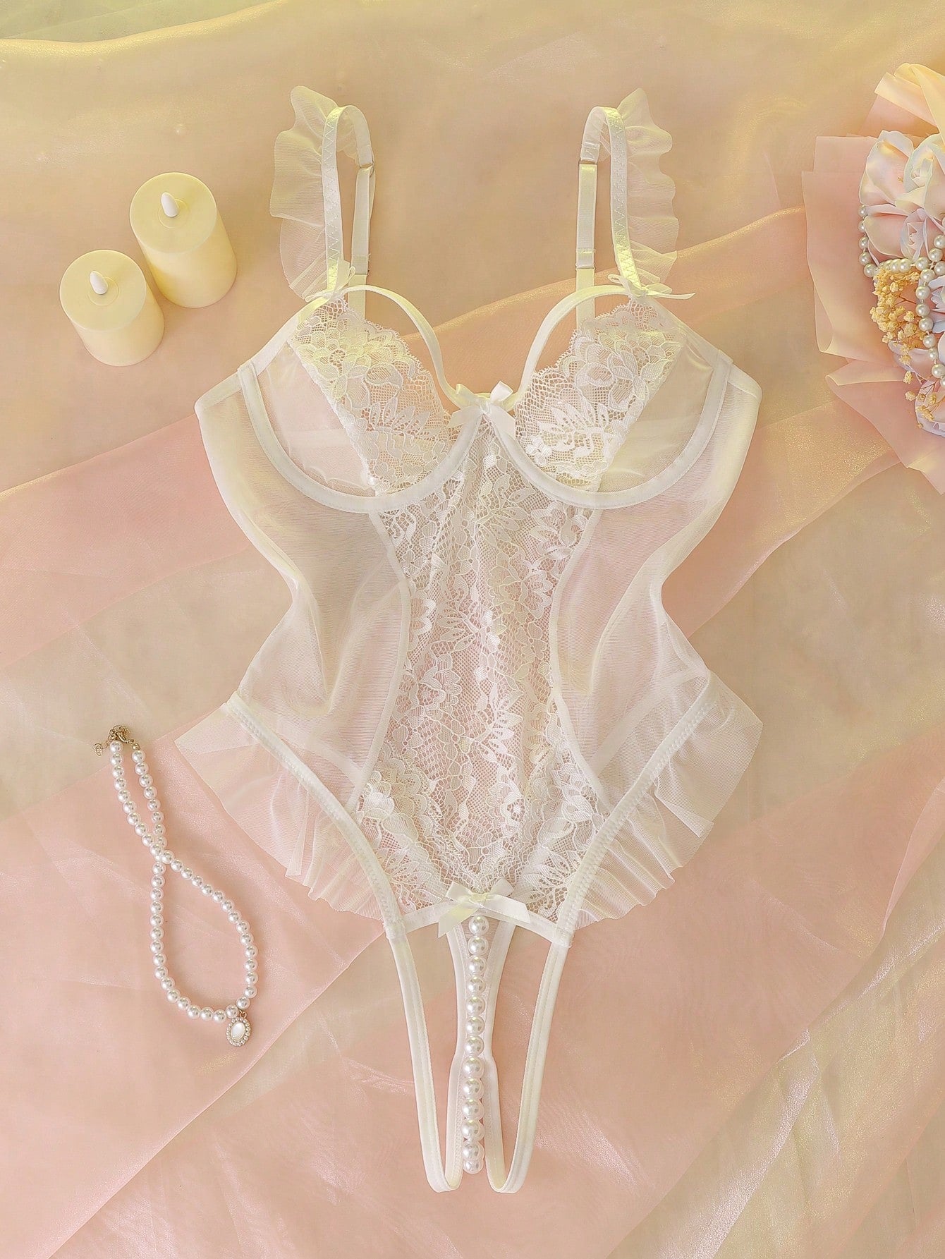 Lace and Mesh Jumpsuit with Pearl Detail