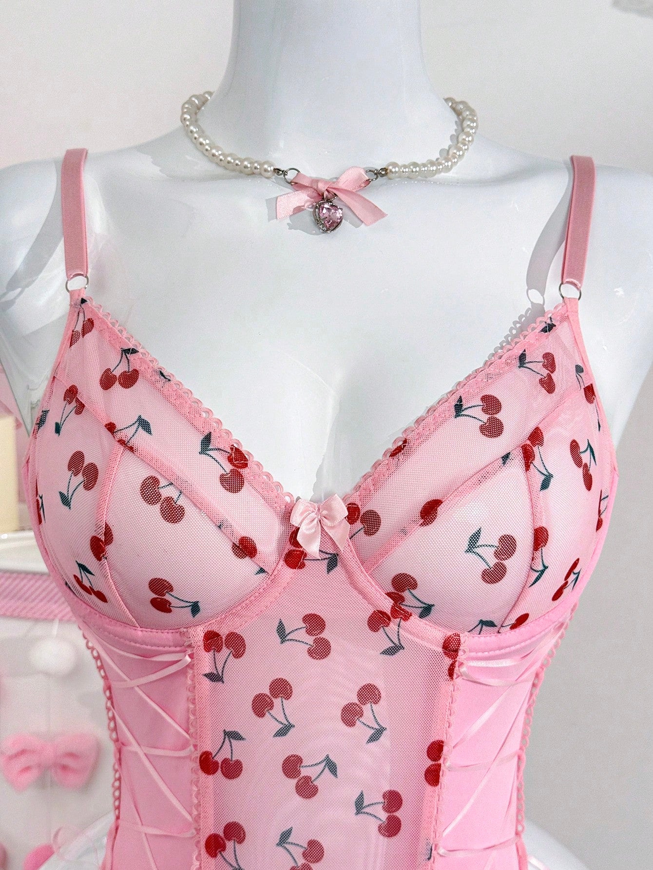Cherry Print Mesh Camisole Top with Patchwork Design Lightweight Layering Piece