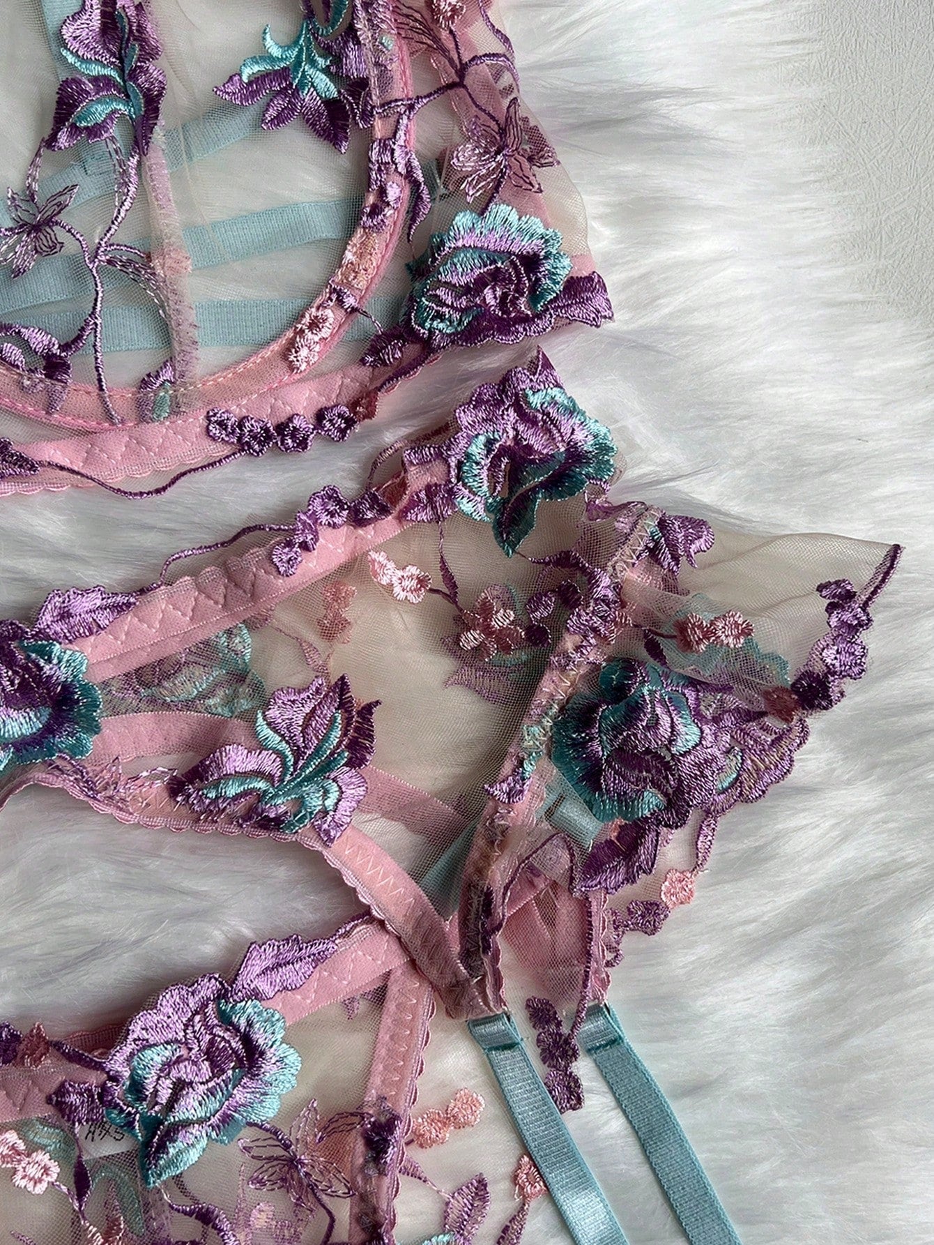 Women Floral Embroidered Fabric Set with Ruffle Trim Detail Coordinated Outfit Set
