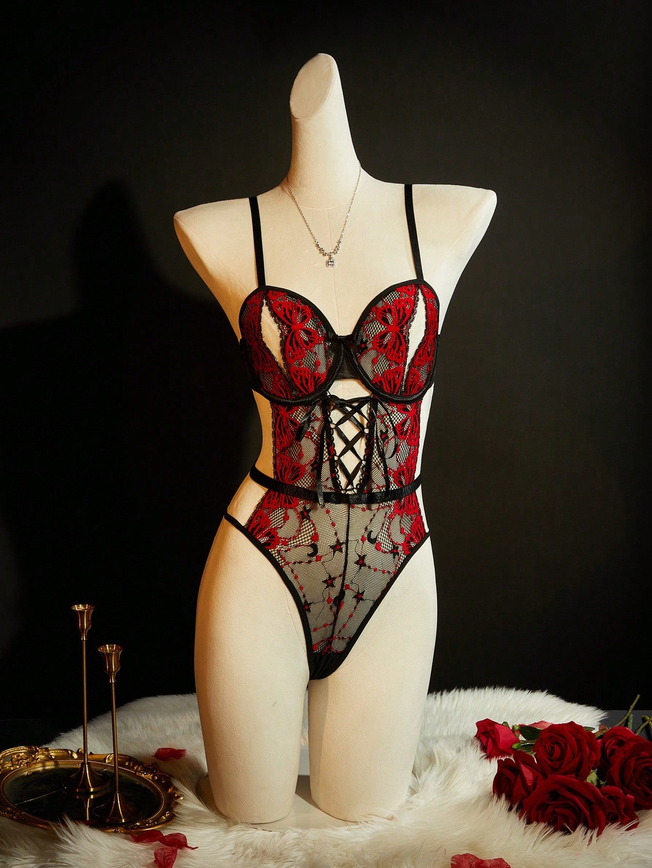Black and Red Color Block Bodysuit Style Mesh Fabric Set with Adjustable Fit Design Coordinated Outfit Set