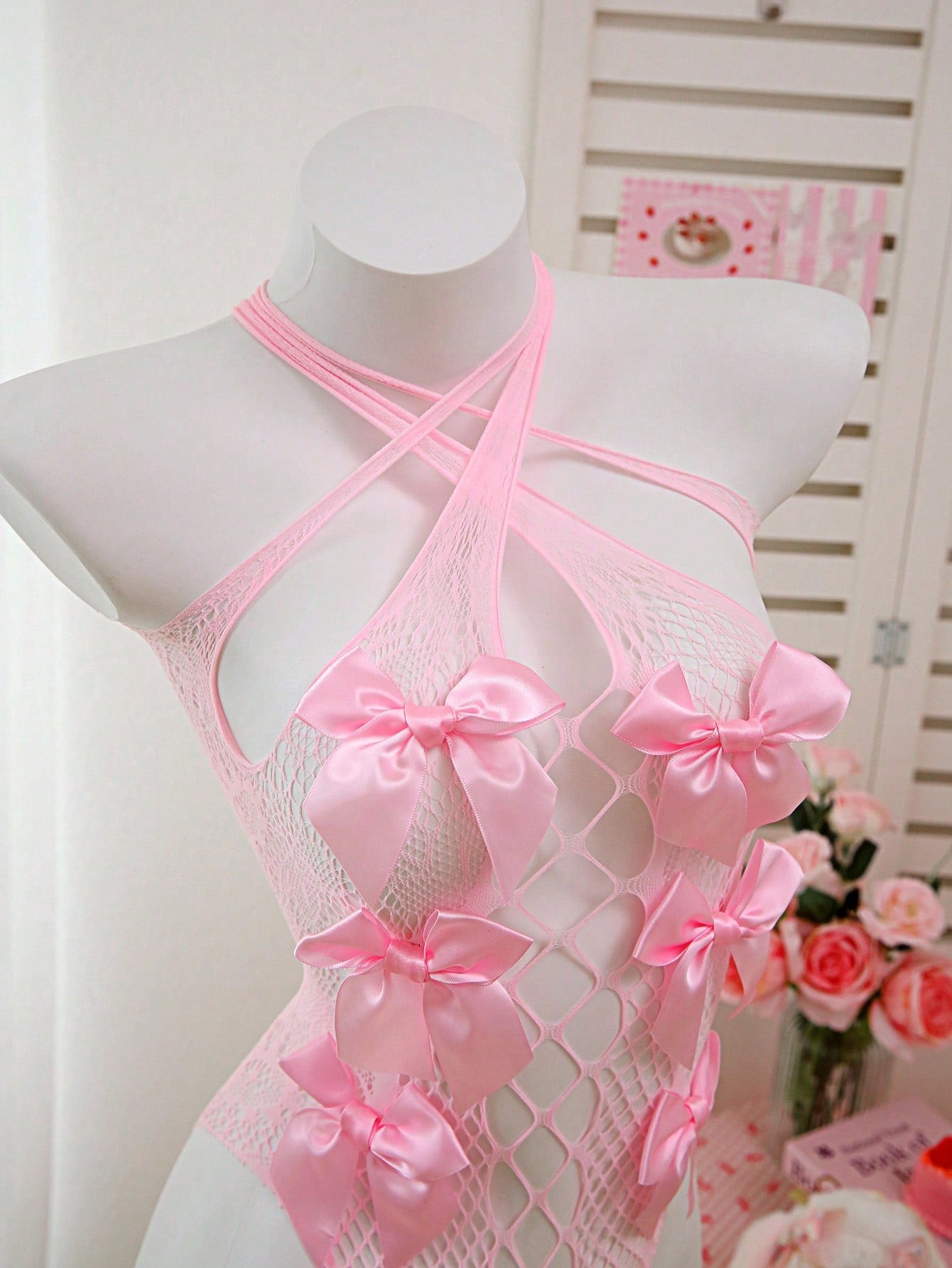 Magenta Color Stretch Fabric Halter Neck Romper with Bow and Cross Strap Detail Coordinated Outfit Set