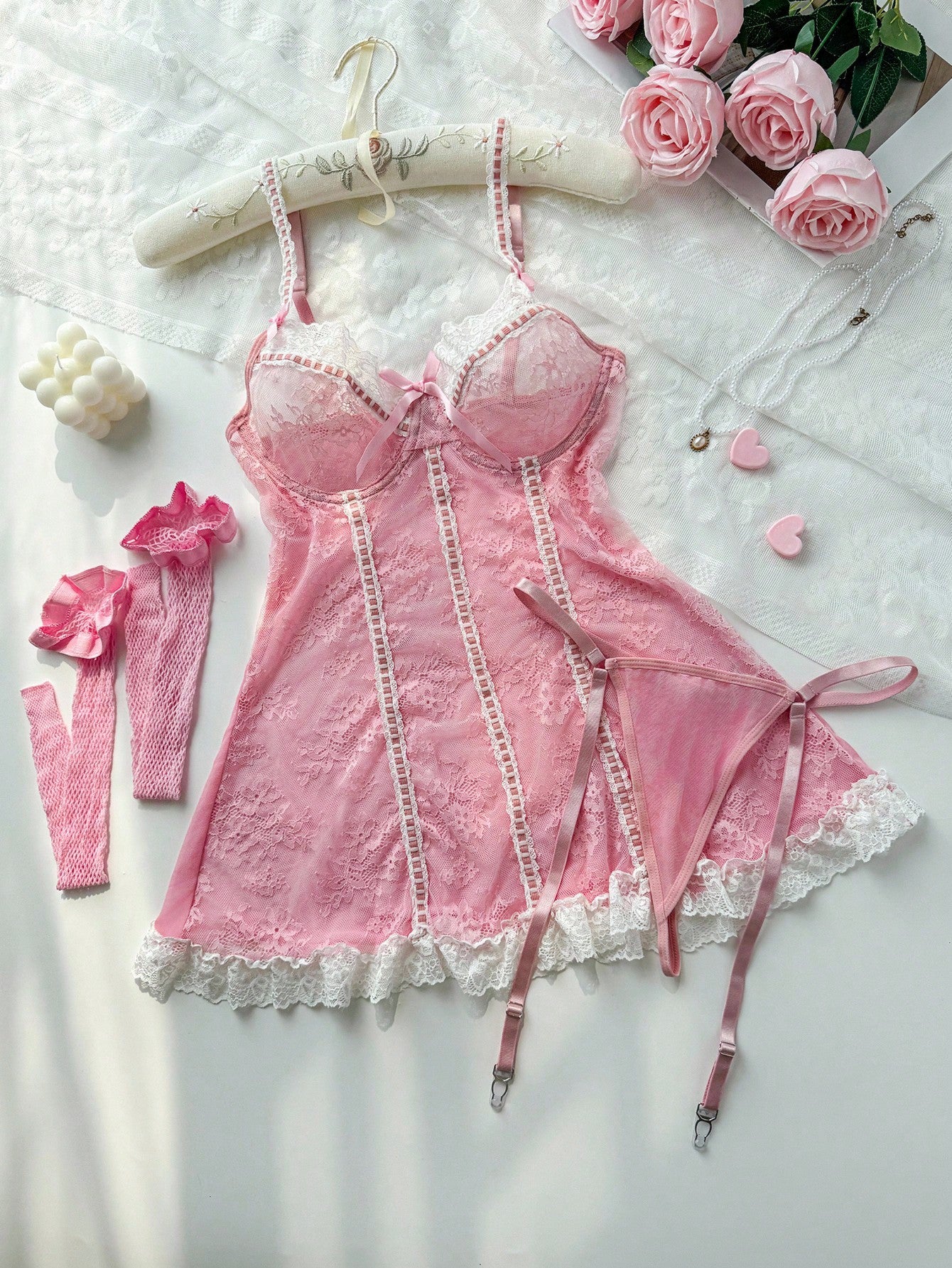 4-Piece Patchwork Fabric Nightwear Style Set with Ruffle Hem Coordinated Outfit Set